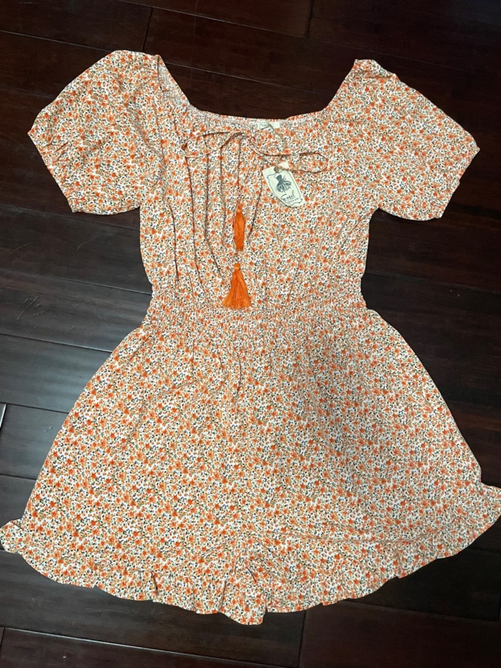 Easel Orange Floral Smocked Romper NWT, Off Shoulder Puff Sleeve, Pockets,  L
